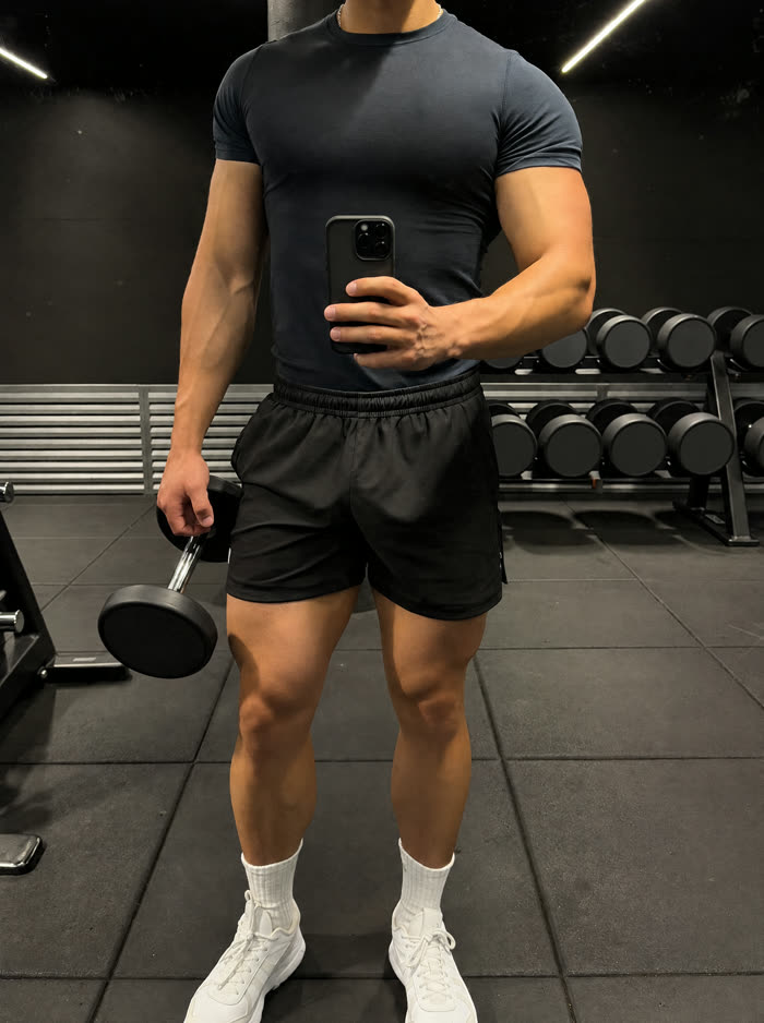 Man in a navy tee taking a gym mirror selfie