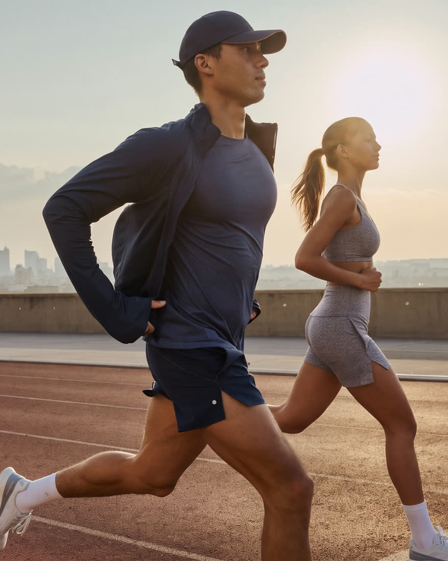 Two runners in VASUPER training kit on a rooftop track at sunrise