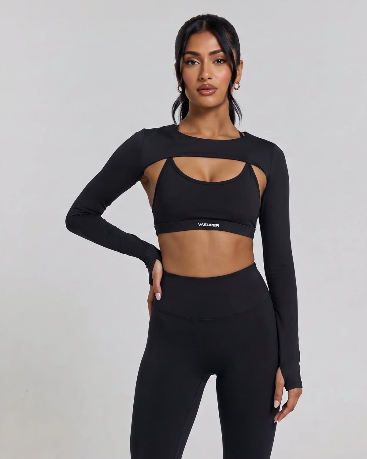 Long Sleeve Shrug, front, hand on hip view